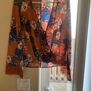 Floral Wrap Blouse with Lace Trim